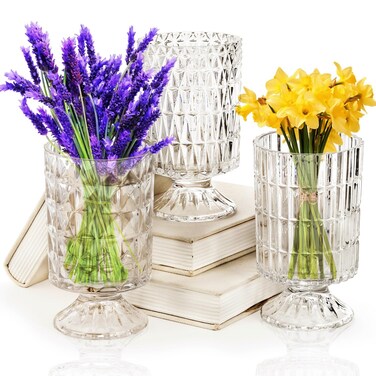 Goaste 3 Pack Embossed Big Base Vase, 7" Crystal Glass Vase, Hydroponic Green Plant Vase, Transparent Flower Vase with Ribbed Pattern for Wedding, Dining Table Centerpieces, Home Decor, Office, Party