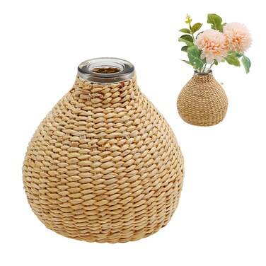Flower Vases with Rattan Cover, Woven Vase Decorative Glass Flower Vase Bud Container Farmhouse Vase Used for Flower Arrangements, Essential Oil Aromatherapy, Home Decoration, Restaurant Decoration