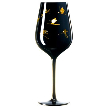 Crystal Stemmed Skiing, Apres Ski Skiier Wine Glasses Goblets - 1 Glass - 14oz Vibrant Themed Winter Snow Sports Ski &amp; Snowboard Frosted Glass, Black &amp; Gold Etched, Great for Gifts for Her, Him Skier