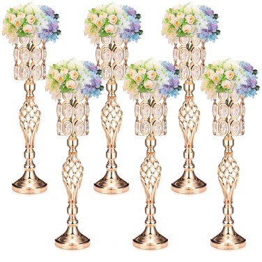 6 Pieces Metal Diamond Crystal Wedding Centerpiece Vases Wedding Flower Trumpet Vase with Crystal Bead 24 Inch Tall Gold Vases for Centerpieces Trumpet Stand Flower Stand for Wedding Birthday Event
