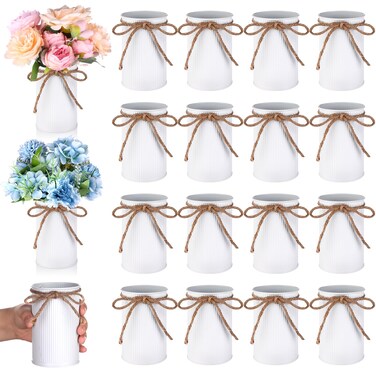 Youdaju 16 Pcs High Farmhouse Vase Decor 4.3" Metal Flower Vases Iron Rustic Vases with Twine Small Vases Bulk Centerpieces Vases for Table Weddings Home Office Decoration Flower Arrangement (White)