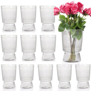Tlence 12 Pack Clear Plastic Flower Vase, 6.3" Ribbed Fluted Glass-Like Vase, Decorative Modern Ripple Hydroponic Plant Vase with Base for Table Centerpieces Home Decor Office Wedding Decoration