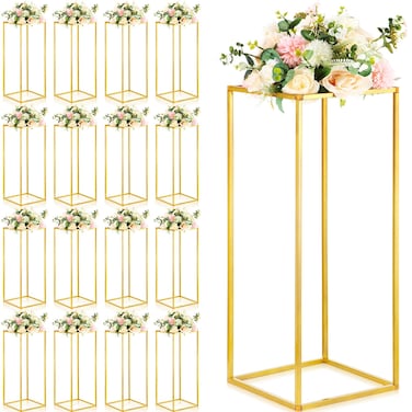 Tandefio 16 Pcs Gold Wedding Flower Stand 23.6'' Metal Flower Stand Tall Centerpiece Vases Gold Centerpiece Stand Column Rectangular Geometric Flower Rack for Table Floor Wedding Party Decoration Home