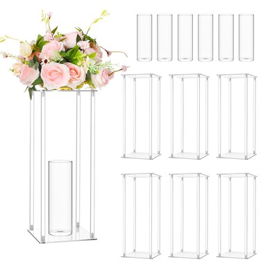 Sieral 6 Pcs 20'' Tall Clear Acrylic Wedding Centerpieces Vase Flowers Stand and 6 Pcs 10'' Tall Glass Cylinder Vases Clear Flower Vases for Table Centerpiece Wedding Home Decor