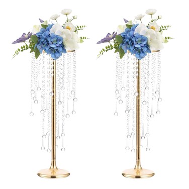 Hyuetrsa 2 Pcs Crystal Flower Stand Wedding Centerpieces for Tables, 21.7 in Tall Tabletop Gold Metal Flower Arrangement Holder, Elegant Bulk Metal Vases for Wedding Party Event Reception, Birthday