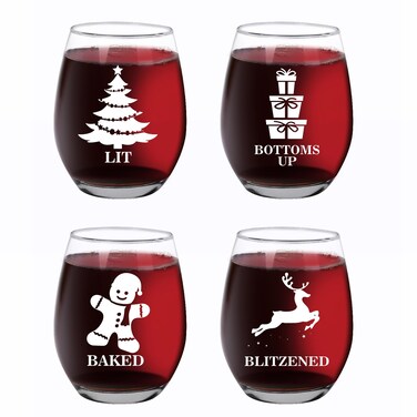 Funny Christmas Wine Glasses, Set of 4 Christmas Stemless Wine Glass for Men Women Friends Family Coworker, Holiday Gifts, Unique Gift Idea for Christmas New Year, 15Oz