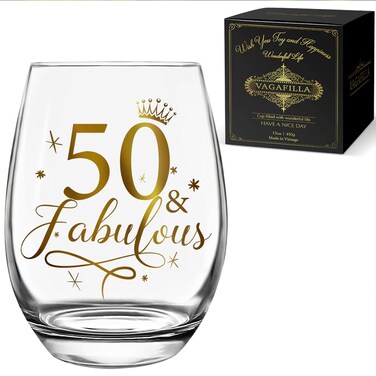 Vagafilla Fabulous Stemless Wine Glass 15oz, Glitter Gold Design Happy Birthday Wine Glass Gifts Idea for Grandma BFF Female Friends Girlfriend Women Wife Mom Sister Aunt Friends Coworker (50th star)