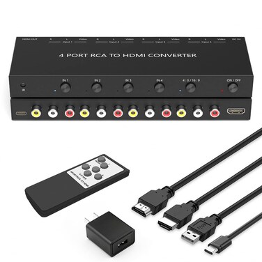 4Port AV to HDMI Converter, RCA/Composite/CVBS to HDMI Adapter Support 16:9/4:3 Switch Compatible with Wii/N64/PS1/PS2/PS3/VHS/VCR/DVD Players etc (4Port RCA in to 1 HDMI Converter with IR Remote)