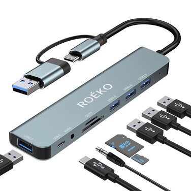 USB Hub,USB c hub multiport Adapter,8 in 1 USB Splitter with 1xUSB 3.0,3xUSB2.0,1 x USB C,SD/TF Card Reader, 3.5mm Headphone Jack,USB c hub for MacBook Pro/PC/Laptop/Tablet Devices (A002 8in1)