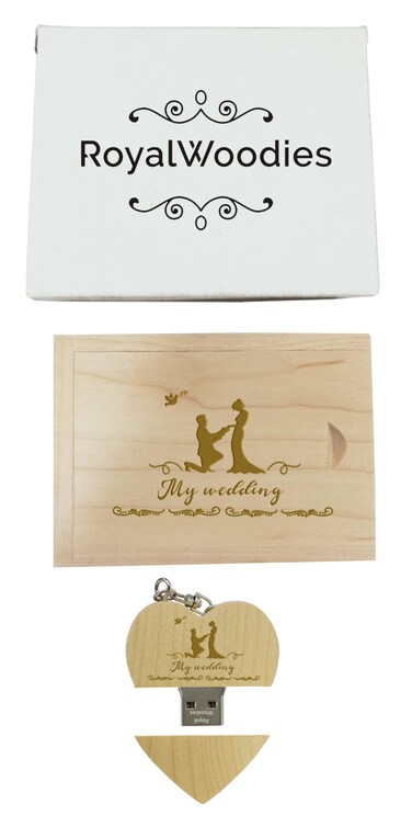 RoyalWoodies Heart USB Box with The Design My Wedding 3.0 Flash Drive 64GB Wooden USB Drive Super-Speed Thumb Drive Jump Drive Wooden Box Ideal for Your Wedding Photography/vodeo