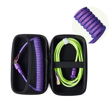 Formulamod USB C Coiled Keyboard Cable for Mechanical Keyboard,Coiled USB Aviator Cable for Keyboard, Pro Double Sleeved Cable with Organizer Zipper Bag. (Green &amp; Purple)