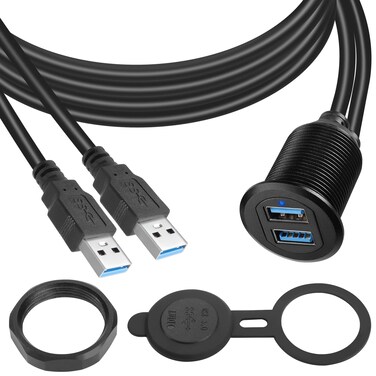 QIANRENON Dual USB 3.0 Embedded Car Waterproof Cable 2 USB3.0 Male to 2 Female Threaded Fixed Mount Extension Cable, LED Light Aluminium Housing, for Instrument Panel Car Boat Motorbike, 2M/6.5ft