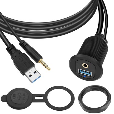 QIANRENON USB3.0 &amp; 3.5mm Audio Threaded Fixed Embedded Car Waterproof Cable 5Gbps TRS 3.5mm &amp; USB3.0 Dashboard Panel Mount Extension Cable, LED Lights, Al Housing, for Car Boat Motorbike,2M/6.5ft