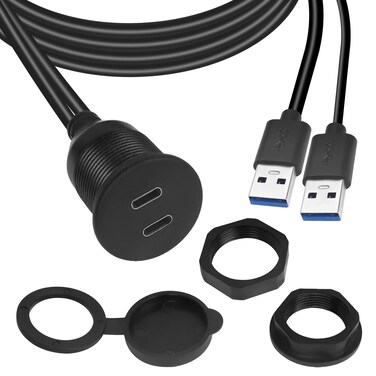QIANRENON Dual USB C to USB 3.0 Threaded Flush Mount Waterproof Cable Adapter, 2 USB 3.0 Male to 2 USB C Female Panel Mount Extension Cable, for Car Boat Truck Yacht Motorcycle, 1m/3.3ft