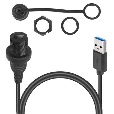 QIANRENON USB C to USB 3.0 Threaded Flush Mount Waterproof Cable Adapter 5Gbps USB 3.0 Male to USB C Female Panel Mount Extension Cable, 5V/3A Charging, for Desktop Dashboard Device Panel, 1M/3.3ft