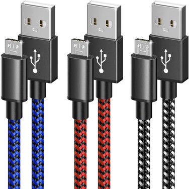 6amLifestyle PS4 Charger Cord, 10ft 3 Pack Android Charger Cable, Long Nylon Braided Micro USB Cord, for PlayStation 4, PS4 Slim/Pro, Dualshock 4, Xbox One/One X, Black+Blue+Red
