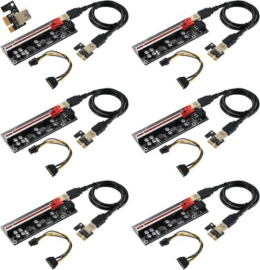 VER009S Plus PCI E 1X to 16X Riser Card 8 Solid Capacitors 6 PIN SATA Power Cable 60 cm USB 3.0 Extension Cable Suitable for GPU Bitcoin Ethereum Mining 6 Pack