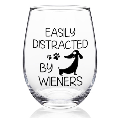 DAZLUTE Dog Lover Gift for Women, Easily Distracted By Wiener Stemless Wine Glass, Funny Dachshund Gifts for Wiener Dog Lovers Women Men Dog Owner Dog Mom Dog Dad Dog Trainer, 17oz Weiner Dog Glass