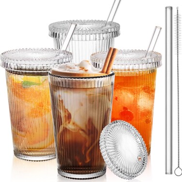 Noamus 4 Pack Glass Cups with Lids and Straws, 12 oz Ribbed Iced Coffee Tumbler, Clear Stripe Drinking Glassware with Cleaning Brush for Water Cocktails Tea Soda Juice Smoothie Whiskey Beer
