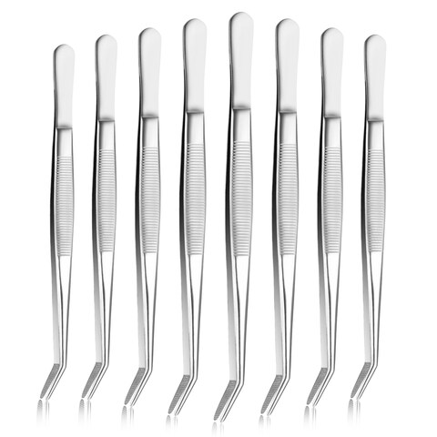 Piriuuo 8 Pcs Stainless Steel Tweezers Curved Serrated Tip Tweezers Multipurpose Tweezers for Craft Long Precision Tweezers Non-Slip Gem Stamp Tweezers for Bead Crafts Jewelry Making, Silver