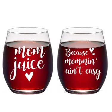 Futtumy Mom Gift, Mom Juice Because Mommin Ain&acirc;&euro;&trade;t Easy Stemless Wine Glass Set, Mothers Day Gift Birthday Gift Christmas Gift for Mom Mother Mom to be New Mom Mama, 15 Oz