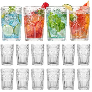 wookgreat Vintage Drinking Glasses Set of 12, Textured Clear Striped Glass Cups, Ribbed Glassware Set, Tall Water Glass Tumblers, Mojito Cups, Cocktail Glass, Iced Coffee Cup, Bar Glassware