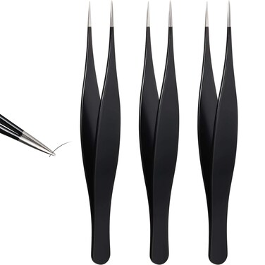 3 Pieces Pointed Tweezers Ingrown Hair Tweezers Precision Needle Nose Pointed Tweezers Stainless Steel Blackhead Remover for Eyebrow Hair, Facial Hair Removal (Black)