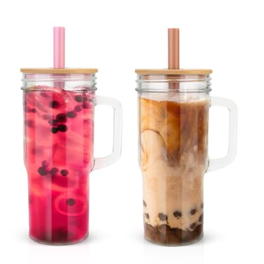 Luxgola 24oz Glasses Tumbler with Handle and Bamboo Lid,Reusable Glass Tea Cup for Smoothie,Iced Coffee,Water,Juice,Milk -Amber/Pink 2 Pack