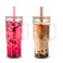 Luxgola 24oz Glasses Tumbler with Handle and Bamboo Lid,Reusable Glass Tea Cup for Smoothie,Iced Coffee,Water,Juice,Milk -Amber/Pink 2 Pack