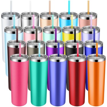 Thenshop 20 Pack Skinny Tumblers with Lids and Straws 20 oz Stainless Steel Tumbler Bulk Double Wall Vacuum Insulated Travel Cup Skinny Coffee Mug for Coffee Water Hot Cold Drinks