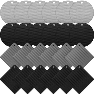 Dandat 24 Pcs Silicone Trivets for Hot Dishes Non Slip Hot Pads for Kitchen Multipurpose Pot Holders for Kitchen Easy to Wash Heat Resistant Mat for Countertops Table, Gray and Black, Square and Round