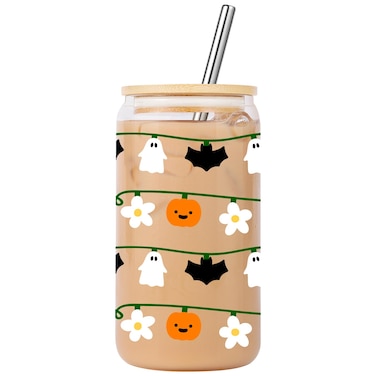 Lovearth Halloween Pumpkin Ghost String Lights Cup, Fall Cup, Halloween Bats Cup, 16oz Halloween Glass Cup with Lid &amp; Straw, Spooky Gifts, Halloween Gifts for Women, Men, Teens, Halloween Lovers