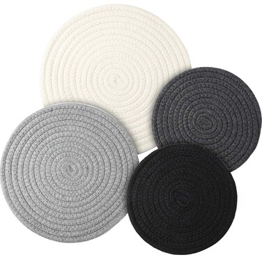 4 Pieces Woven Pot Trivet Set Braided Cotton Weave Round Thread Pod Trivets Dish Trivet Cup Coaster Hot Pads Mats for Kitchen Utensil, 2 Sizes (White, Grey, Dark Grey, Black)