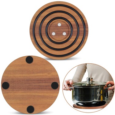 Sunnychicc 2 Pcs Magnetic Wooden Trivets for Hot Dishes Heat Resistant Wood Trivet Nonslip Magnetic Pot Holder Stand Pad 8 Inch Round Kitchen Hot Pads with Black Silicone Rings for Counter Table Pan