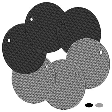 6Pcs Non-Slip Silicone Trivet Mats, 7 Inch Kitchen Pot Holders for Hot Pots, Multipurpose Round Hot Pad for Pans, Black &amp; Gray