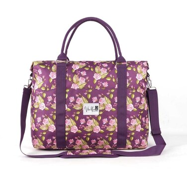 Travel Bag is Personal Item on Airplane, Duffle has Trolly Sleeve Padded Strap and Pockets, Carry On is Floral Purple and Pink Inside