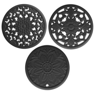 Hotsyang Silicone Trivets Mats,Trivets for Hot Dishes, Table, Countertop, Non-Slip Heat Resistant Modern Kitchen Trivets,Teapot Trivets,Flexible Trivets Round, Hot Pads for Kitchen Table,3 Pcs Black