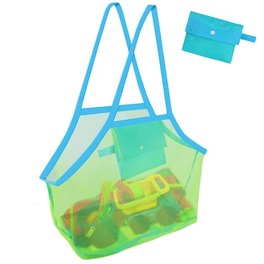 Large Mesh Beach Bag for Sand Toys, Foldable Beach Bag Mesh Tote Bag, Net Beach Bag Organizer Beach Essentials for Family Travel Vacation