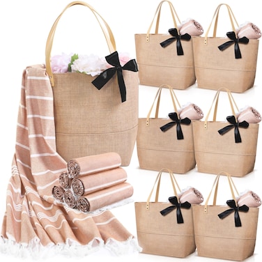 Shinylin 12 Pcs Straw Tote Beach Bag and Beach Towels Jute Burlap Tote Bags Travel Waterproof Handbag Bag with Pool Towels for Women Travel