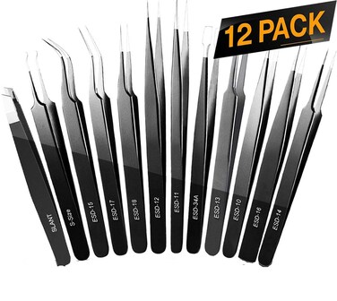 Tweezers, Precision Tweezer Set, Craft Tweezers, Soldering Tweezers, Jewelry Tweezers, Ingrown Tweezers, Eyelash Extension Tweezers, Eyebrow Tweezers - 12 Pack Super Valued Set with Handy Case