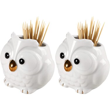 WAYUTO 2Pcs Ceramic Decorative Toothpick Holder Porcelain Toothpick Dispenser Cute Owl Figurine Toothpick Case Cartoon Animal Storage Organizer for Kitchen Home Restaurant Countertop Decor White