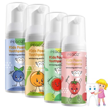 Foam Toothpaste Kids with Fruit Flavor, Toddler Foam Toothpaste with Low Fluoride for U Shaped Toothbrush, Foaming Toothpaste and Mouthwash for Dental Care for Children (4 Pack with 4 Fruit Flavors)