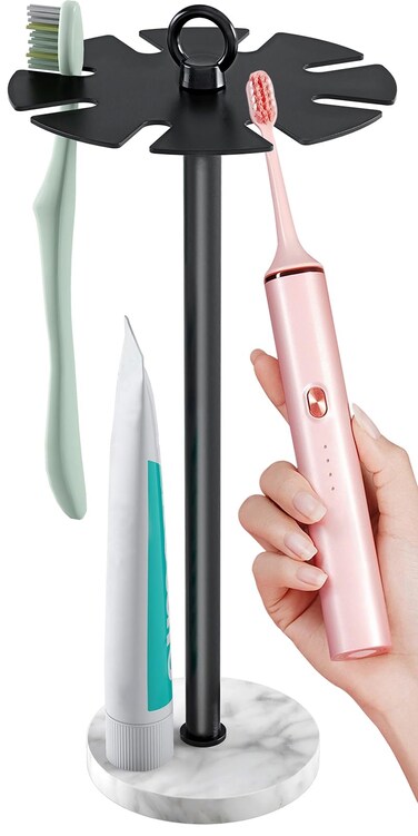 Marble Toothbrush Holders for Bathrooms, 8 Holes Stainless Steel Kids Electric Toothbrush Holder, Modern Toothbrush Stand, Bathroom Countertop Organizer for Electric Toothbrushes, Razors, Matte Black