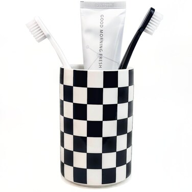 NAKOR HOME Ceramic Toothbrush Holder, Black and White Toothbrush Holder for Bathroom, Modern Cute Toothbrush Holder Cup, Toothpaste Tumbler for Bathrooms Countertop Organizer, Checkered Bath Decor