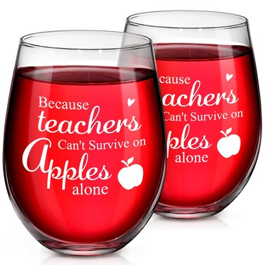 Stemless Wine Glasses, Teacher Appreciation Gift for Teacher Week, Birthday, Christmas, 17 oz Wine Glass for Appreciating Teacher, Professor, Instructor, Set of 2 (Because Teachers)