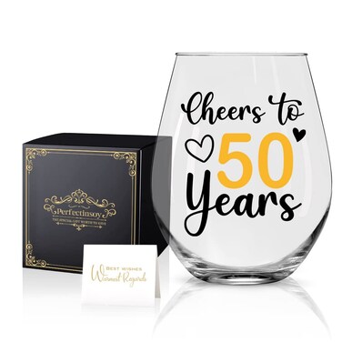 Perfectinsoy Cheers to 50 Years Wine Glass with Gift Box, Funny 50th Anniversary Birthday Gifts for Women, Sister, BFF, Colleague, Friend, Neighbors, 50th Birthday Gifts for Her