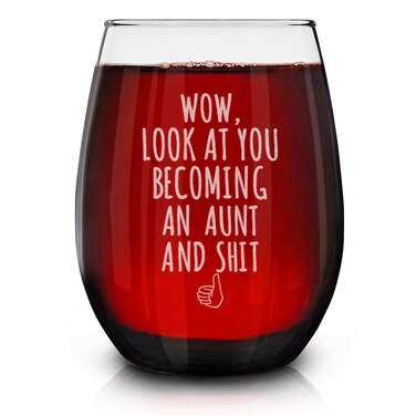 shop4ever Wow, Look At You Becoming an Aunt Engraved Stemless Wine Glass 15 oz. Promoted to Aunt New Auntie