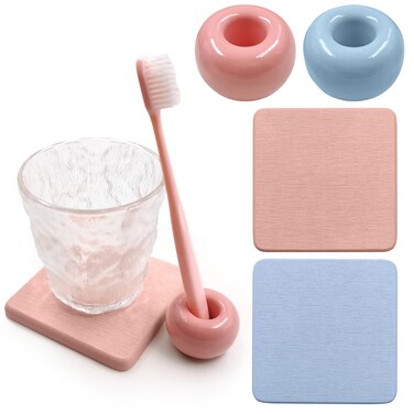 SNAIL GARDEN Mini Ceramics Toothbrush Holders with Tray, 2Pcs Small Toothbrush Holder Stand with 2Pcs Diatomite Tray, Bathroom Toothbrush Holder Set for Bathroom Vanity Countertop Dresser(Pink &amp; Blue)