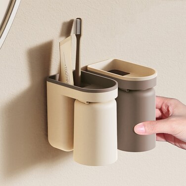 Toothbrush Holder with Gargle Cup for Lovers 2 Pcs Multi-Function Wall Storage Box Self Adhesive Couple Toothbrushes &amp; Toothpaste Holder Container Wall Mounted Toothbrush Holder Set for Bathroom Home