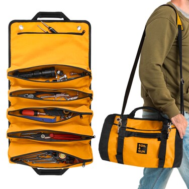 Soil &amp; Sun Heavy Duty Tool Roll Bag Organizer - Travel roll up tool bag with 6 Zip Organizer Pouches - Compact Portable Tool Bags for Men, Contractors, Plumbers, Electricians - Man Gifts for Dad